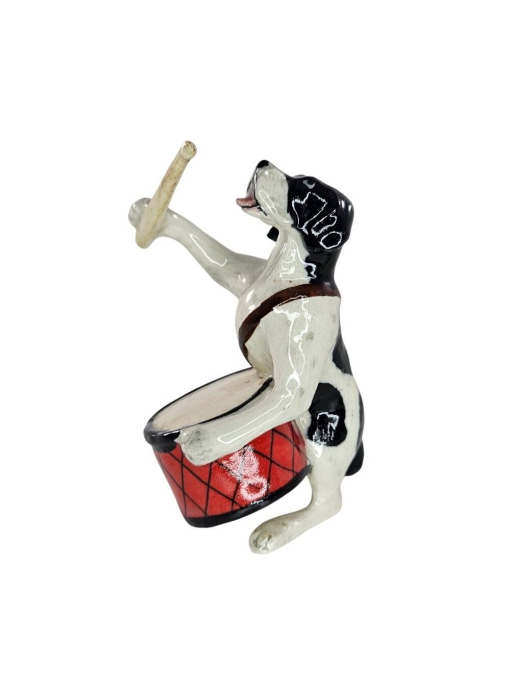 Klima Porcelain Pointer Dog Playing Drums Miniature Figurine Black White Band